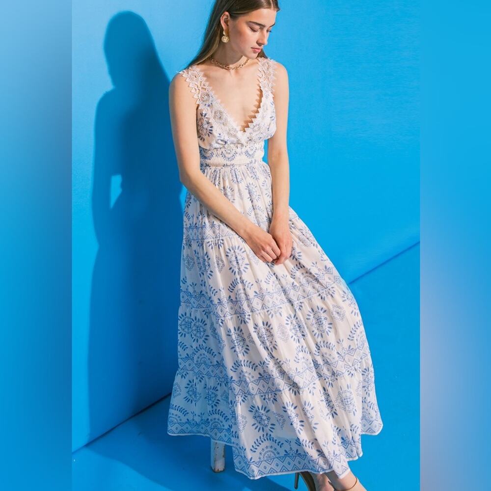 NEW Flying Tomato White Blue Lace Tiered Dress Grecian Vacation Resortwear